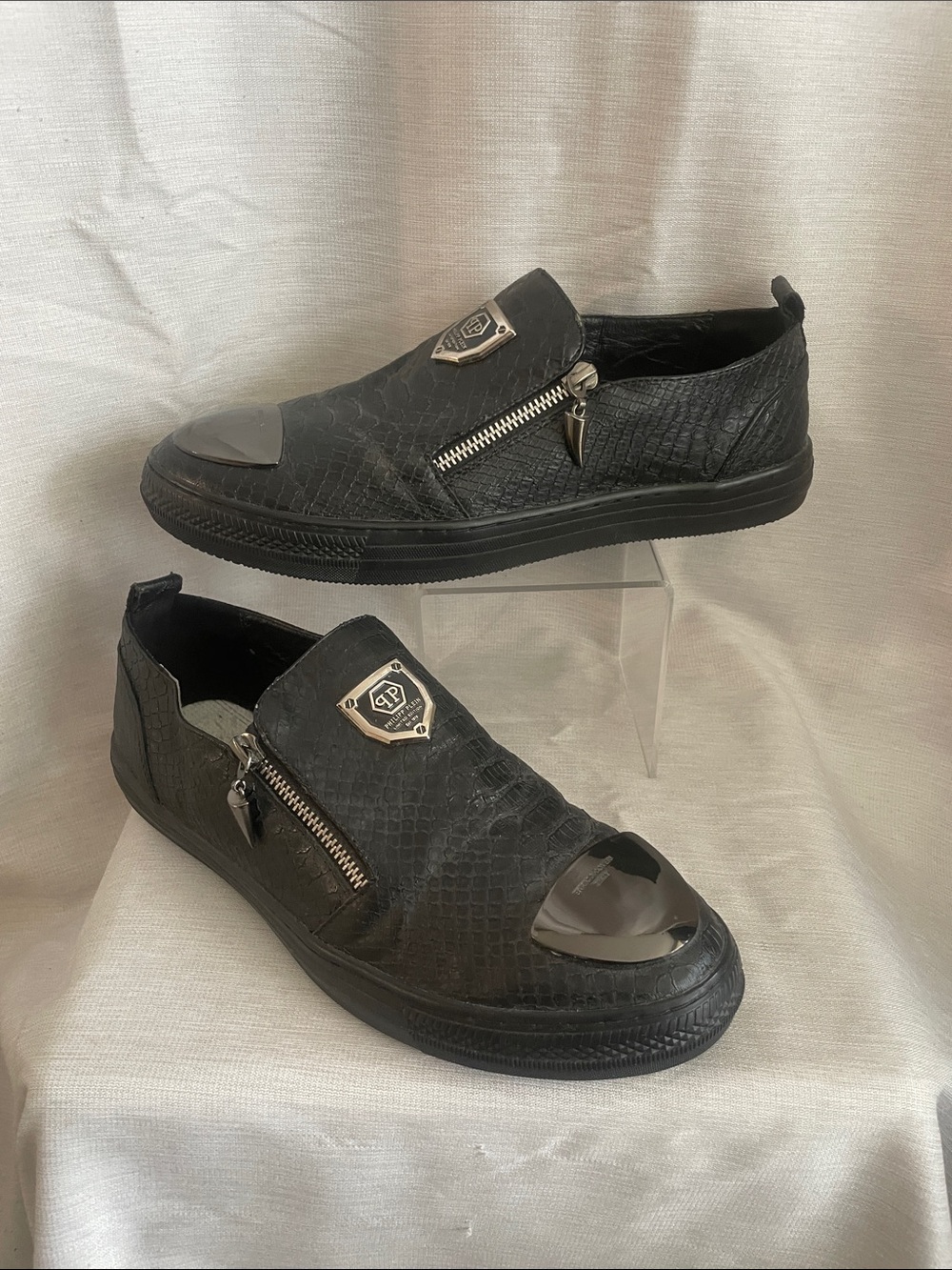 Philipp Plein Men's Black Slip-On Sneakers with Metal Toe Detail